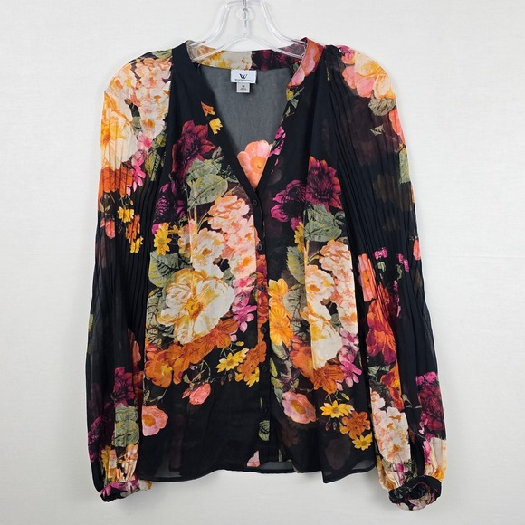 Worthington Tops - Worthington Floral Print Pleated Sleeve Button Front V-Neck Top Black Multi M